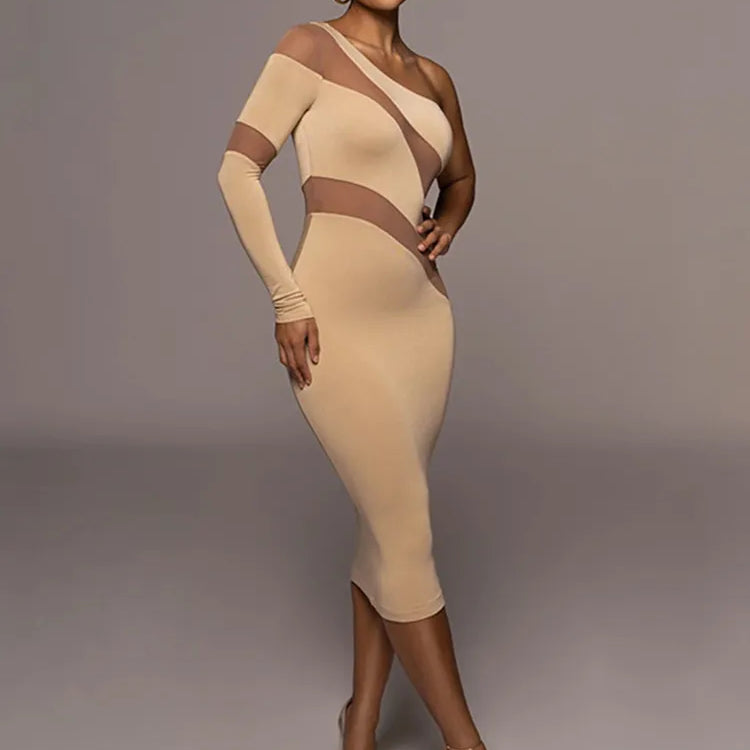 CNYISHE One Shoulder Mesh Sheer Midi Dress for Women Party Club Elegant Dresses Autumn Fashion Streetwear Sexy Slim Dress Robes