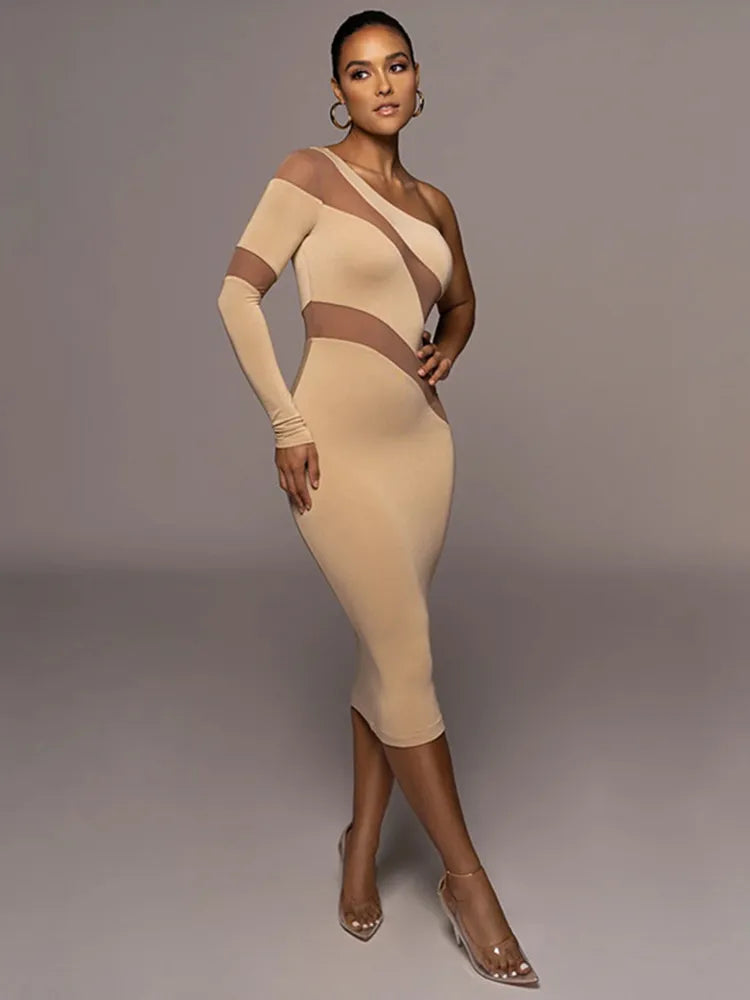 CNYISHE One Shoulder Mesh Sheer Midi Dress for Women Party Club Elegant Dresses Autumn Fashion Streetwear Sexy Slim Dress Robes