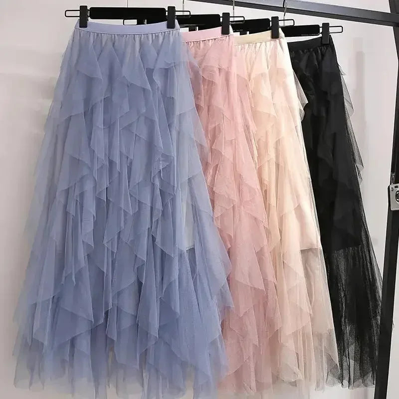 Women Tulle Mesh Skirt Elegant Elastic Waist Fairy Long A-line Tutu Skirt for Spring Summer long skirt