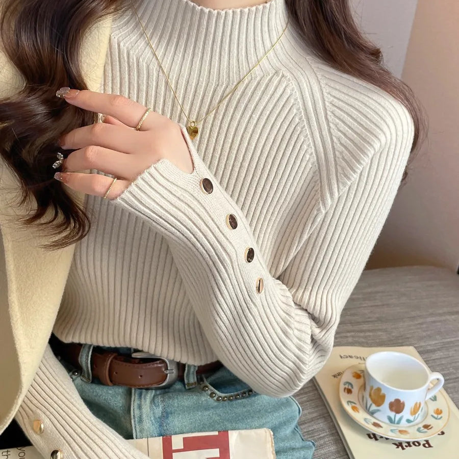 Autumn Winter Sweater Women Pullovers Long Sleeve Tops Clothes Slim Knit Soft Jumper Streetwear Button Turtleneck Sweater light khaki One Size
