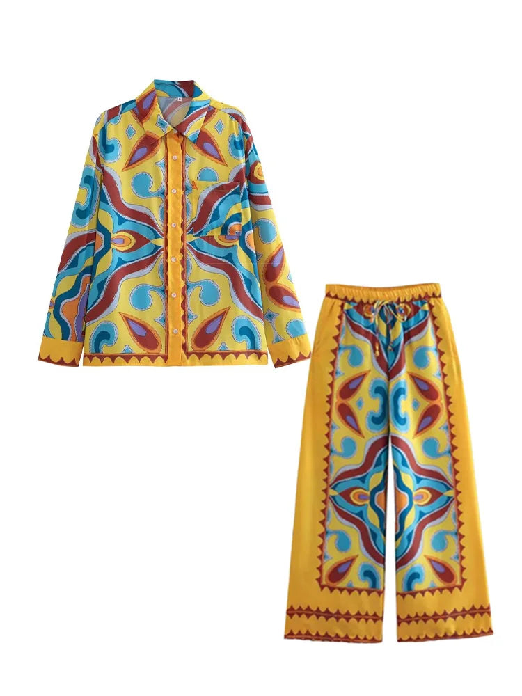 BlingBlingee Summer Printed Women Wide Pants Satin Suits Traf Asymmetric Sleeveless Strapless Crop Top Female Sets Y2K Top-Pants Sets 3