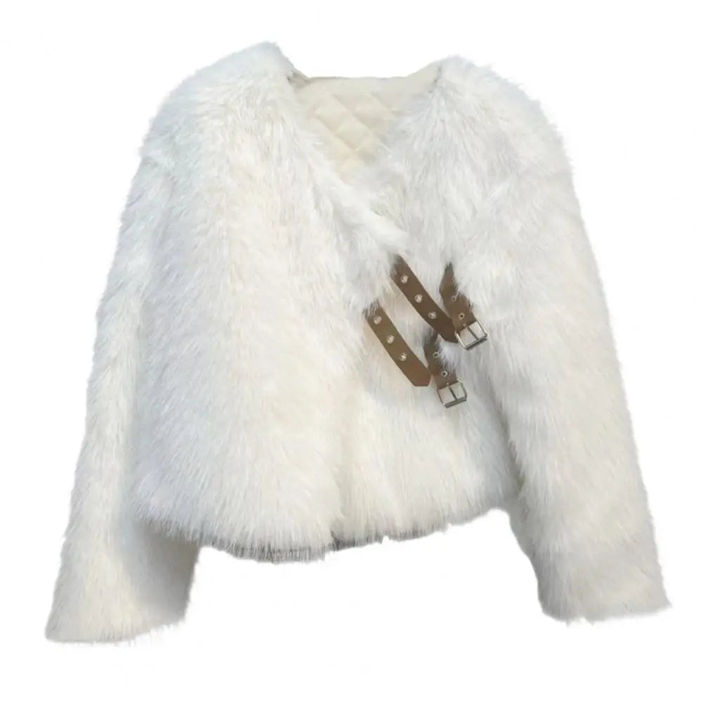 Auutmn Winter Cardigan Coat Furry Plush Buckle And Strap Decor Long Sleeves Thickened Faux Fur Knitted Sweater Jacket White