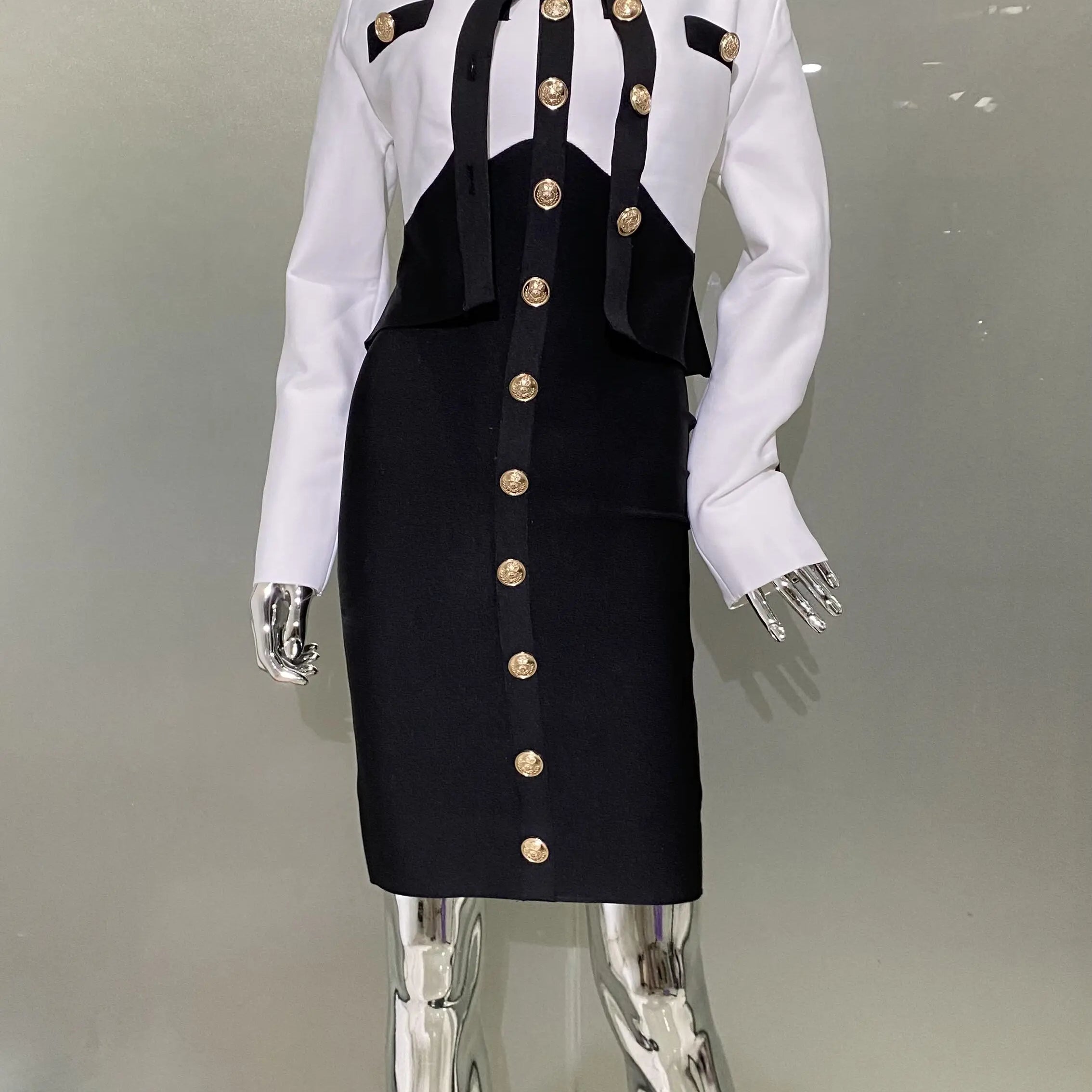 New Arrivals Fashionable  Women's Bandage Set Golden Buttons White Patchwork Black Coat And Sleeveless Bodycon MIini Dress