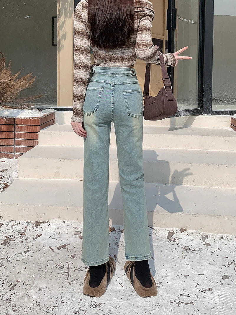 Autumn Winter Woman High Waist Jeans American Street Style Straight Tube Jeans Women Blue Nine Point Pants for Women