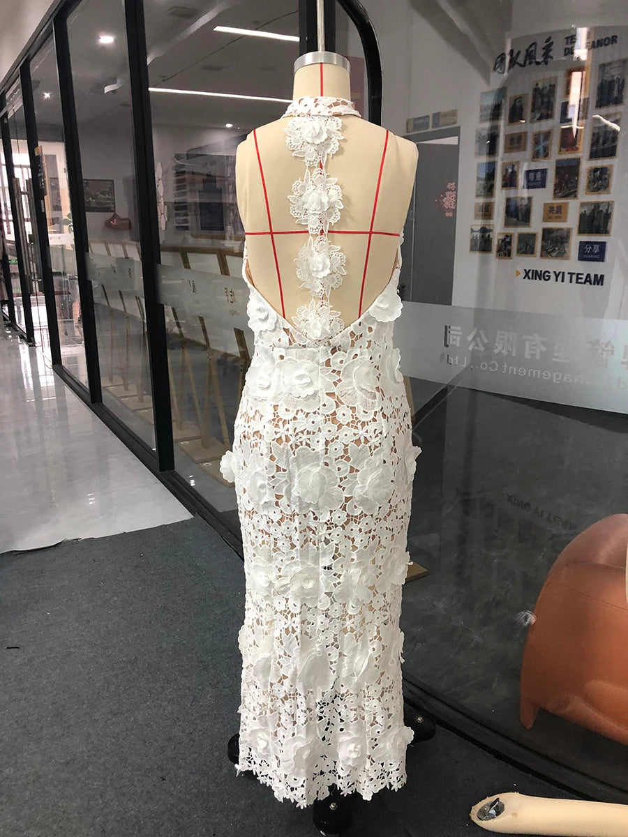 TWOTWINSTYLE Solid Slimming Hollow Out Dresses for Women Halter Neck Sleeveless Patchwork Appliques Elegant Dress Female Fashion