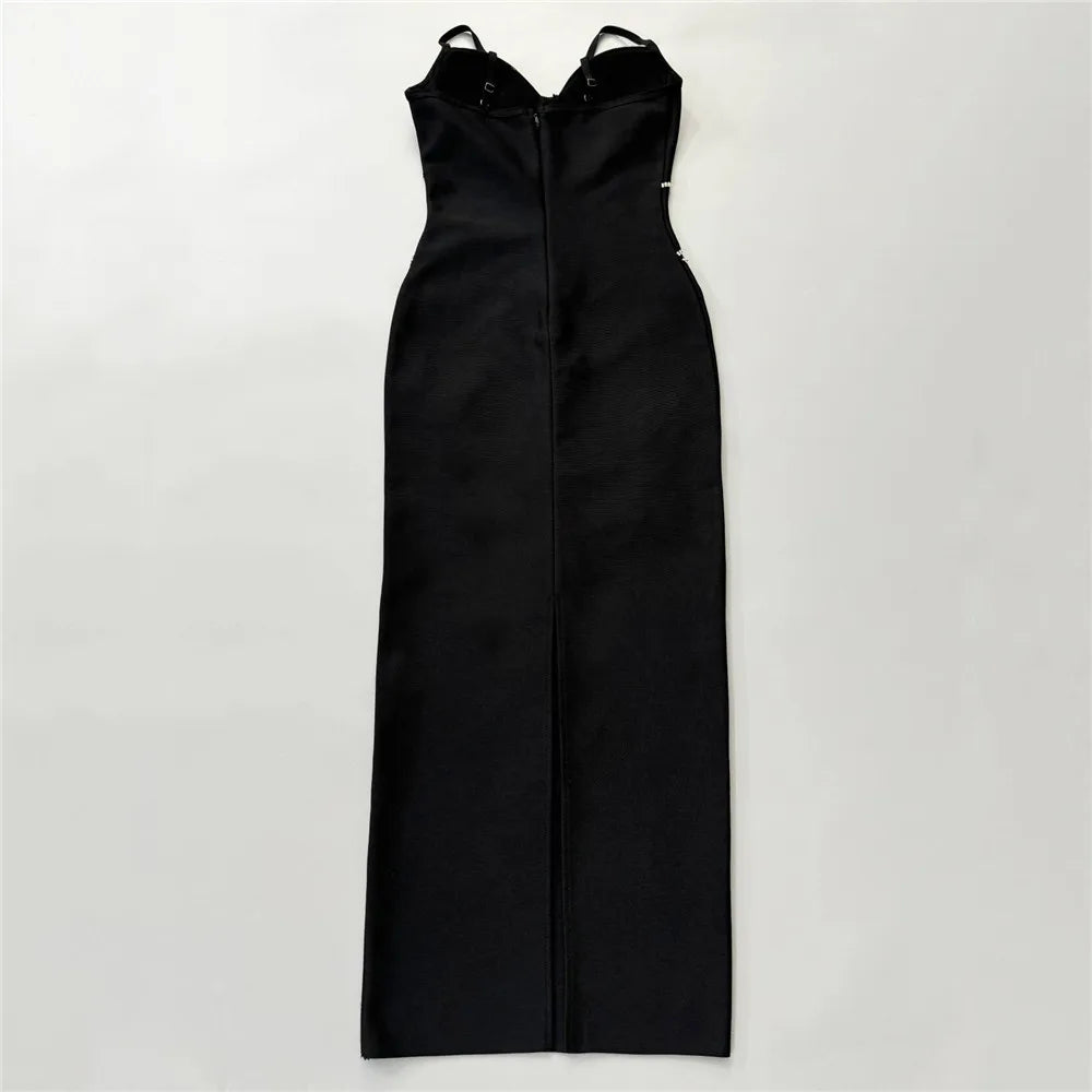 Black Color Women Sleeveless Sexy V-Neck Shinning Diamond Chain Bodycon Long Bandage Dress Evening Party Celebrate Outfit