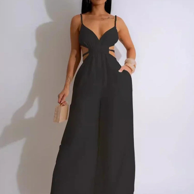 CM.YAYA Women Sleeveless Strap V-neck Backless Wide Leg Long Jumpsuits 2025 Summer Beach Night Club Street Sexy Outfit Rompers