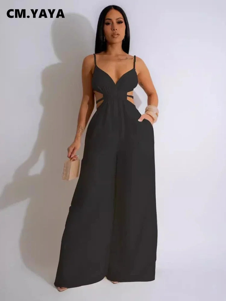 CM.YAYA Women Sleeveless Strap V-neck Backless Wide Leg Long Jumpsuits 2025 Summer Beach Night Club Street Sexy Outfit Rompers