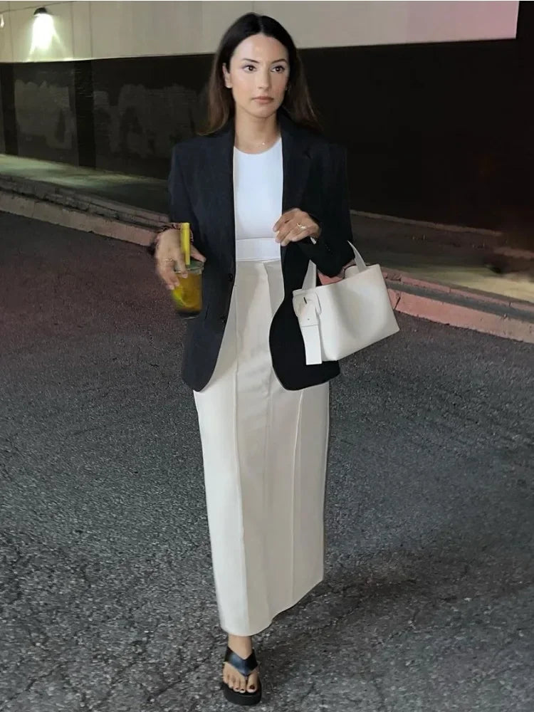 Patchwork High Waist Slim Long Skirt Female Solid High Street Elegant Fashion Seamless Vintage White Women's Maxi Skirt