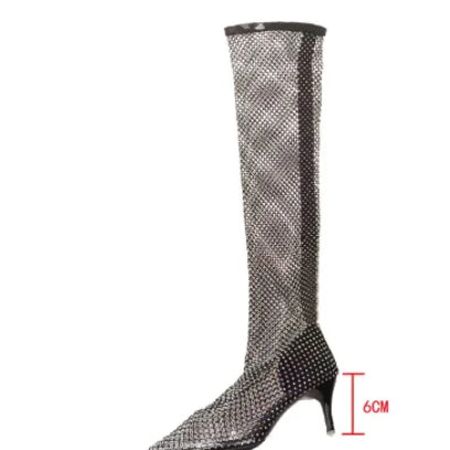 Women Hollow Out Full Sandals Full Rhinestone Mesh Summer Boots Women Thigh High Over The Knee Sandals Transparentes Size 43