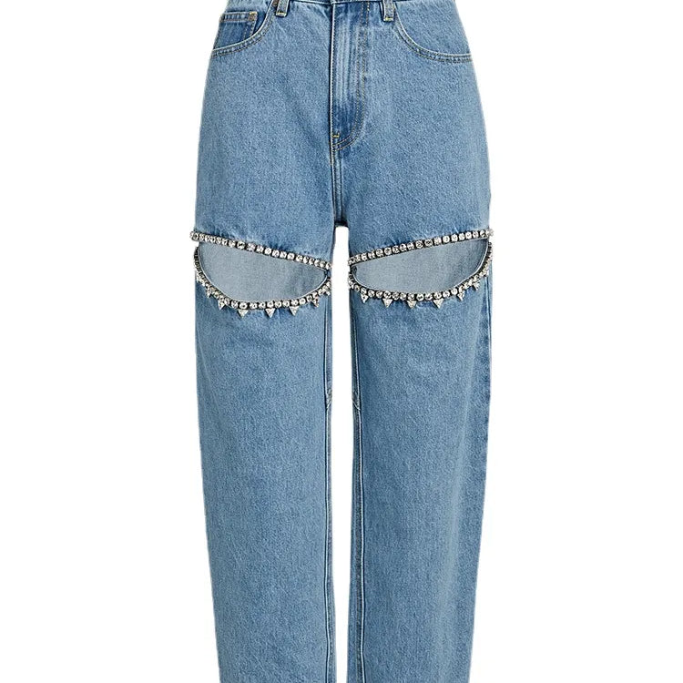 Rhinestones broderede fakler jeans til kvinder høj talje patchwork -knap hul ud sommer bred ben bukser kvindelig mode ny