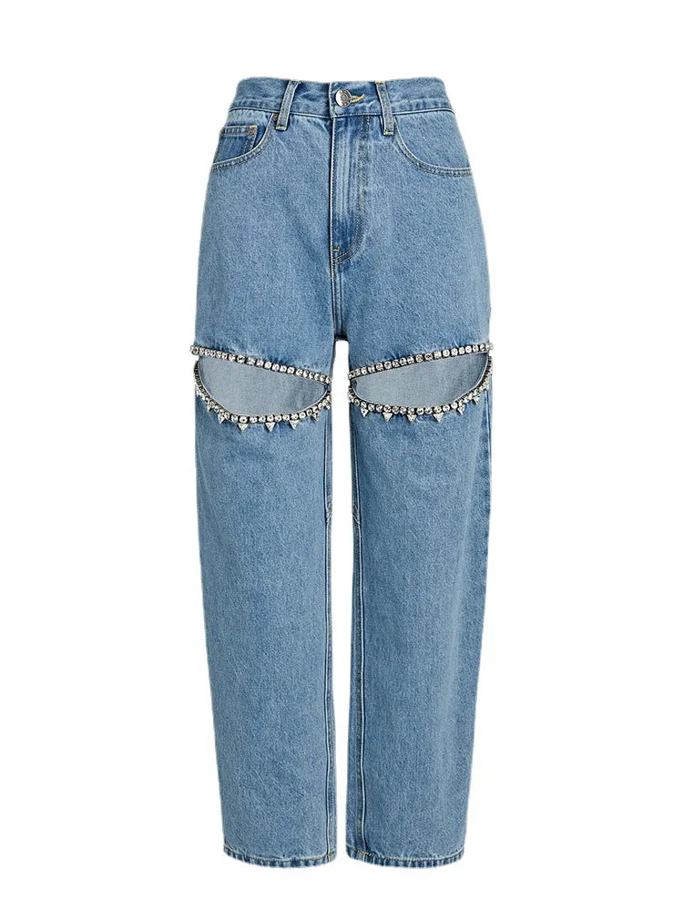 Rhinestones broderade flares jeans för kvinnor hög midja lapptäcke knapp ihålig ut sommar breda ben byxor kvinnligt mode nytt