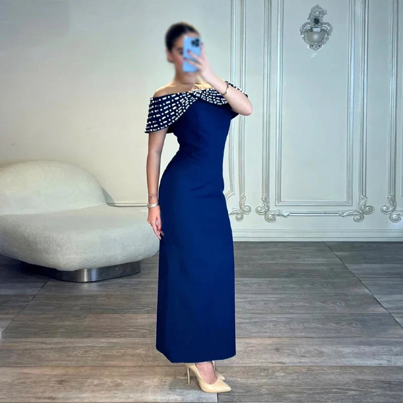 Blue Color Women Sexy Slash Neck Off the Shoulder Shinning Crystal Bodycon Long Bandage Dress Elegant Evening Party Outfit