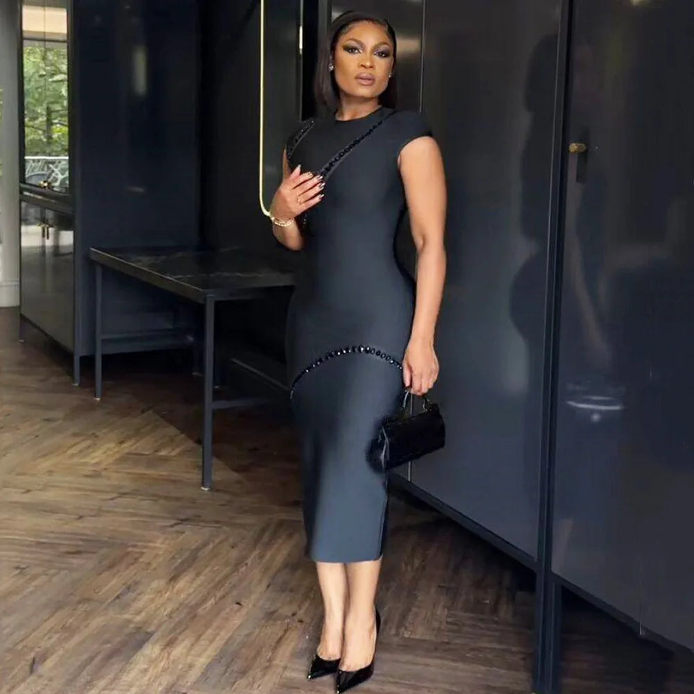 2025 New Summer Women Short Sleeve Sexy Shinning Crystal Bodycon Mid-calf Bandage Dress Celebrate Evening Party Birthday Outfit