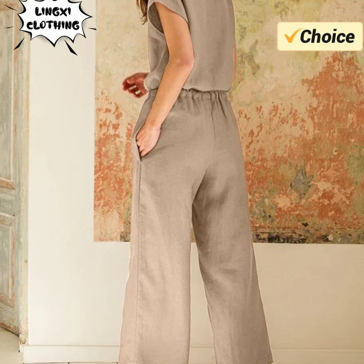 2024 New Matching Series Plus Size Women's Clothing Set Fashion Cotton and Hemp Short Sleeved Shirt Wide Leg Pants Two Piece Set