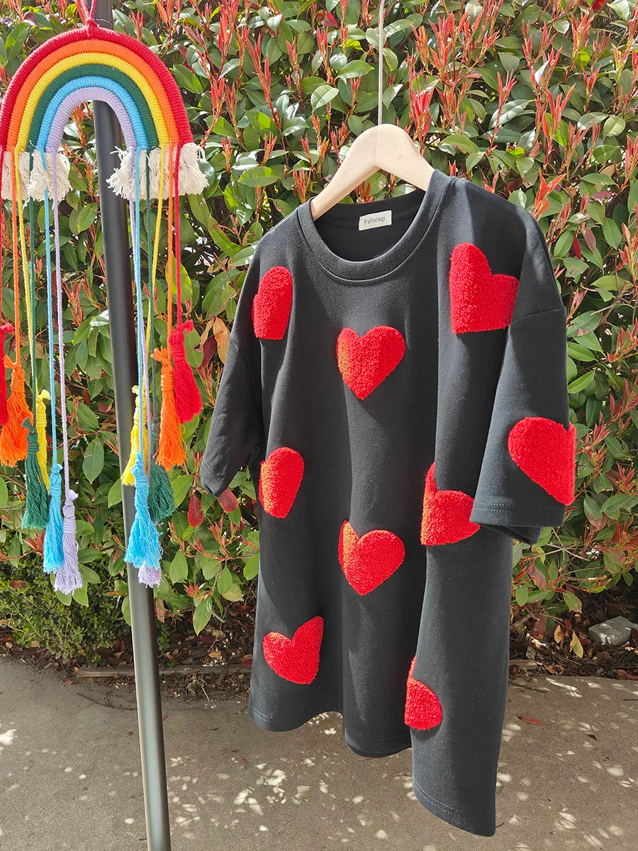 White 100% Cotton T-shirt for Women Summer Loose Oversized T-shirt with Heart Embroidery O-neck Pullovers Short Sleeve Tops black