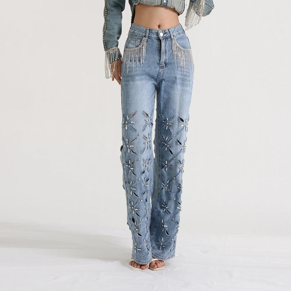 TWOTWINSTYLE Hollow Out Casual Jeans For Women Highh Waist Patchwork Tassel Chic Straight Wide Leg Jean Female Fashion Clothing Blue