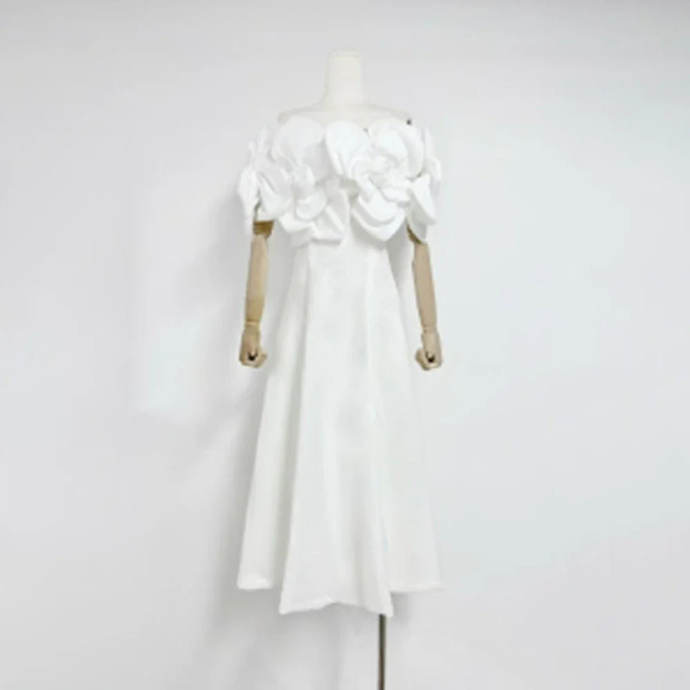 Solid Slimming Elegant Dresses for Women Strapless Off Shoulder Patchwork 3D Flowers Fashion Dress Female Clothing
