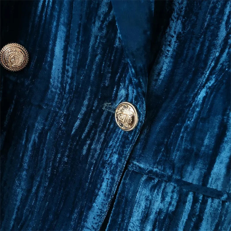 Women's Velvet Suit Jacket Flap Pockets Double Breasted Fashion Retro Office Lady Outerwear Coat Top
