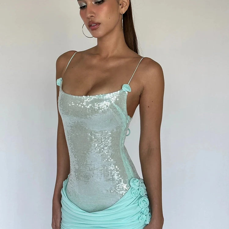 VC Sparkling Sequin Embellished Strappy Mini Dress for a Glitzy Party Night Gown