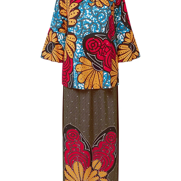 Plus Size VONDA Women Sets 2025 Fashion Suit 3/4 Flare Sleeve Floral Printed Tops And Elastic Waist Maxi Skirts 2Pcs Sets