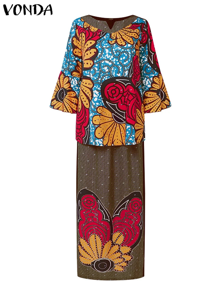 Plus Size VONDA Women Sets 2025 Fashion Suit 3/4 Flare Sleeve Floral Printed Tops And Elastic Waist Maxi Skirts 2Pcs Sets