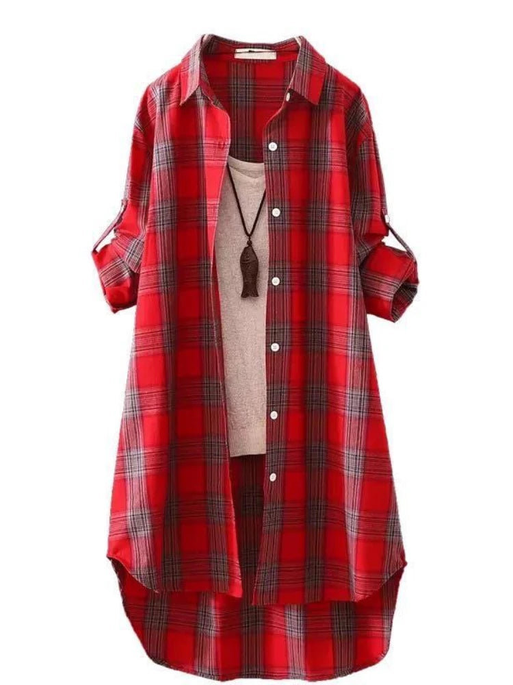 Plaid Medium Long Blouses Casual Style Loose Shirts Female Summer Beach Sunscreen Blouses Fashion Korean Style Female Blouses