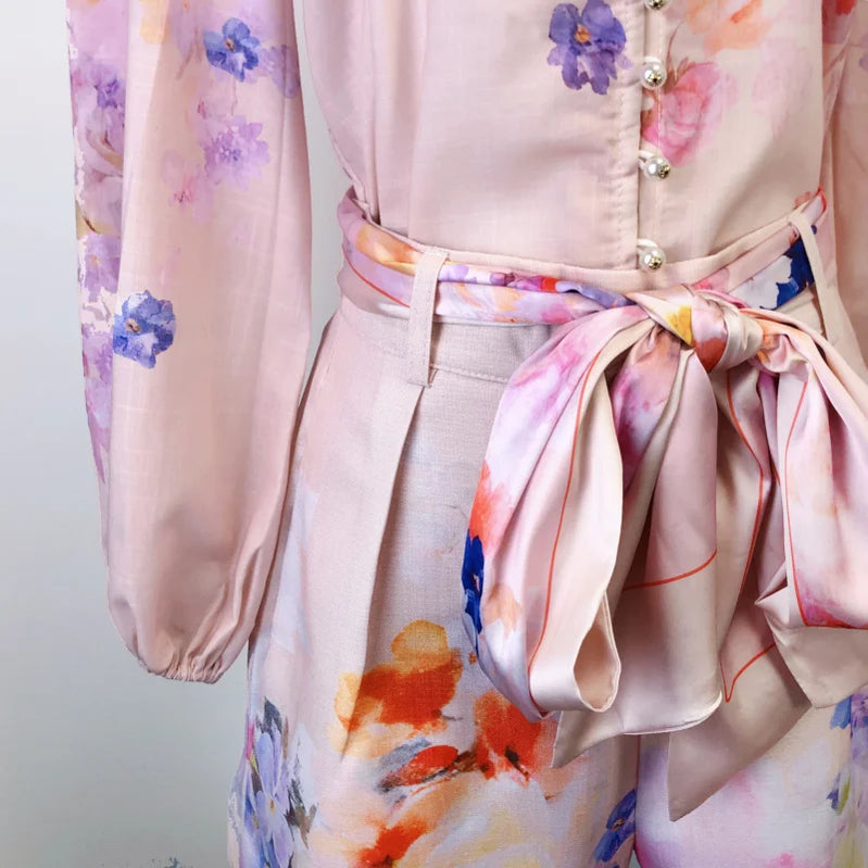 Shot Spot 2025 Spring and Summer Stand Collar Long Sleeve Shirt Top Wide Leg Skirt Pocket with Silk Scarf Belt Two-Piece Se