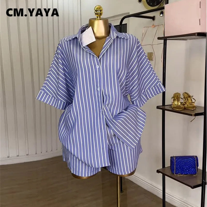CM.YAYA Fashion Striped Women's Set  Half Sleeve Turn-down T-shirt and Shorts 2025 Summer Chic Two 2 Piece Sets Outfit Tracksuit