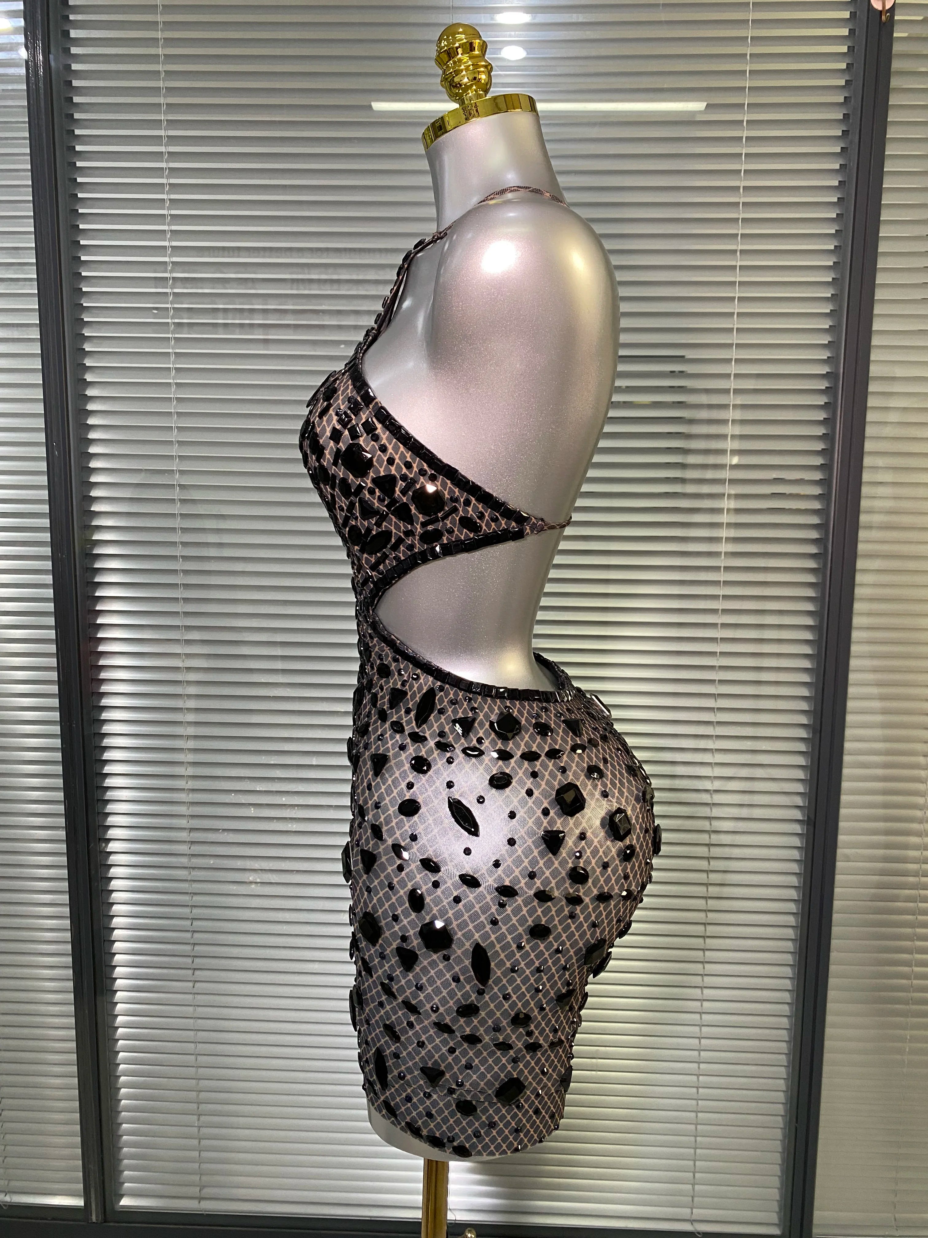 Celebrity New Women Sexy See Through Mesh One Shoulder Backless Black Costume Stage Dancer Singer Night Club Mini Party Dress