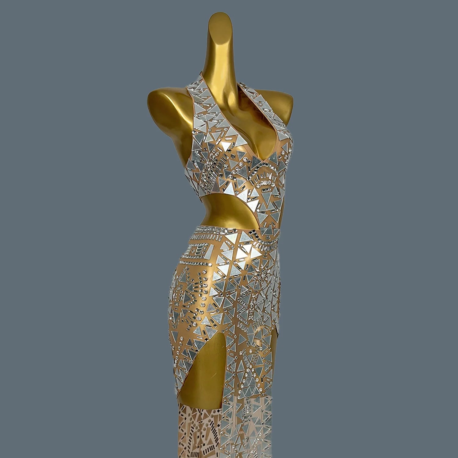 Flashing Mirror Silver  Asymmetrical Long Dress Prom Celebrity Evening Party Birthday Gown Female Singer Stage Show Wear Baiwei