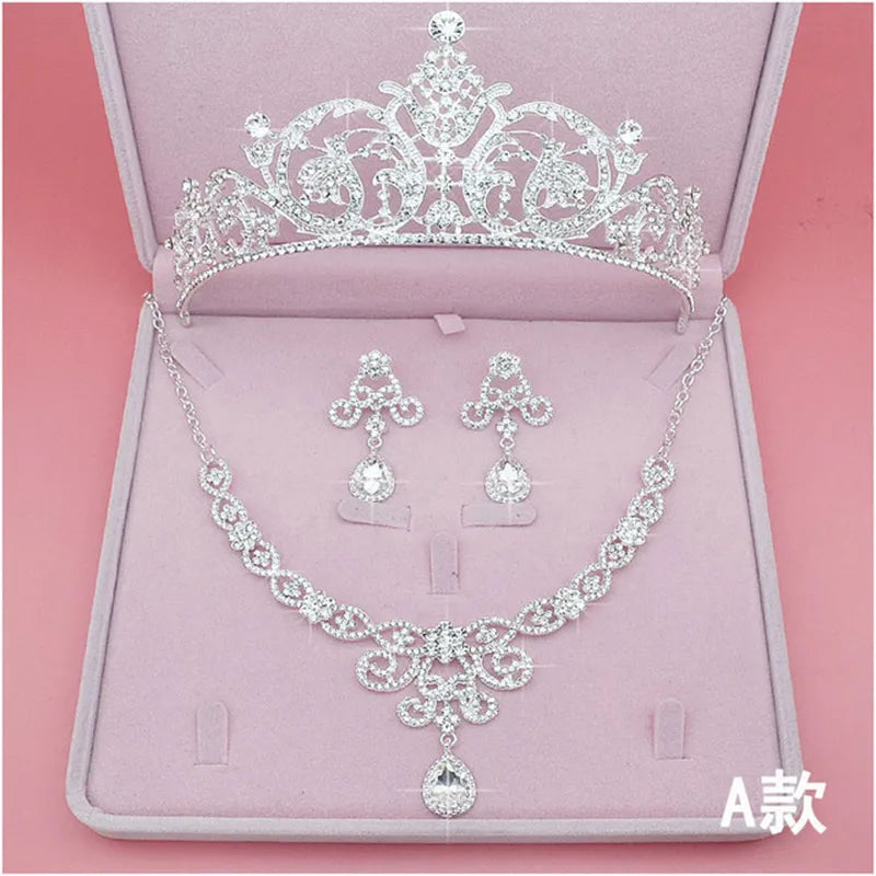 Bridal Jewelry Sets Crown Necklace Earrings Four Pack Silver Colour Women's Fashion Wedding Tiaras TS-0392-A-XL-0007-A Tiaras