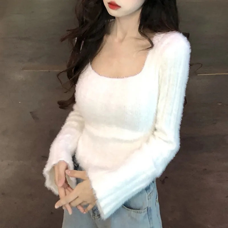 Autumn Winter Knitting Crop Tops Women Skinny Sweaters Bottom Shirts Fashion Female Long Sleeve Pullover Casual Knitted Sweater white One Size