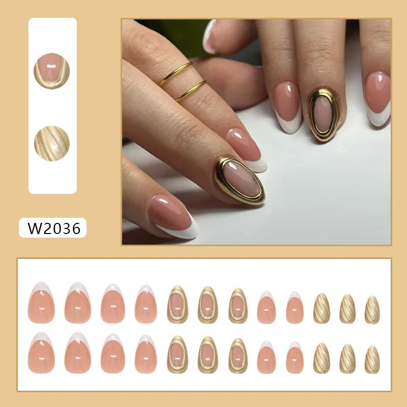 24pcs Ins Almond Press on Nails Gothic Sliver Metal Line y2k Fake Nails Detachable Wearable Sweet Cool Spicy Girl False Nails