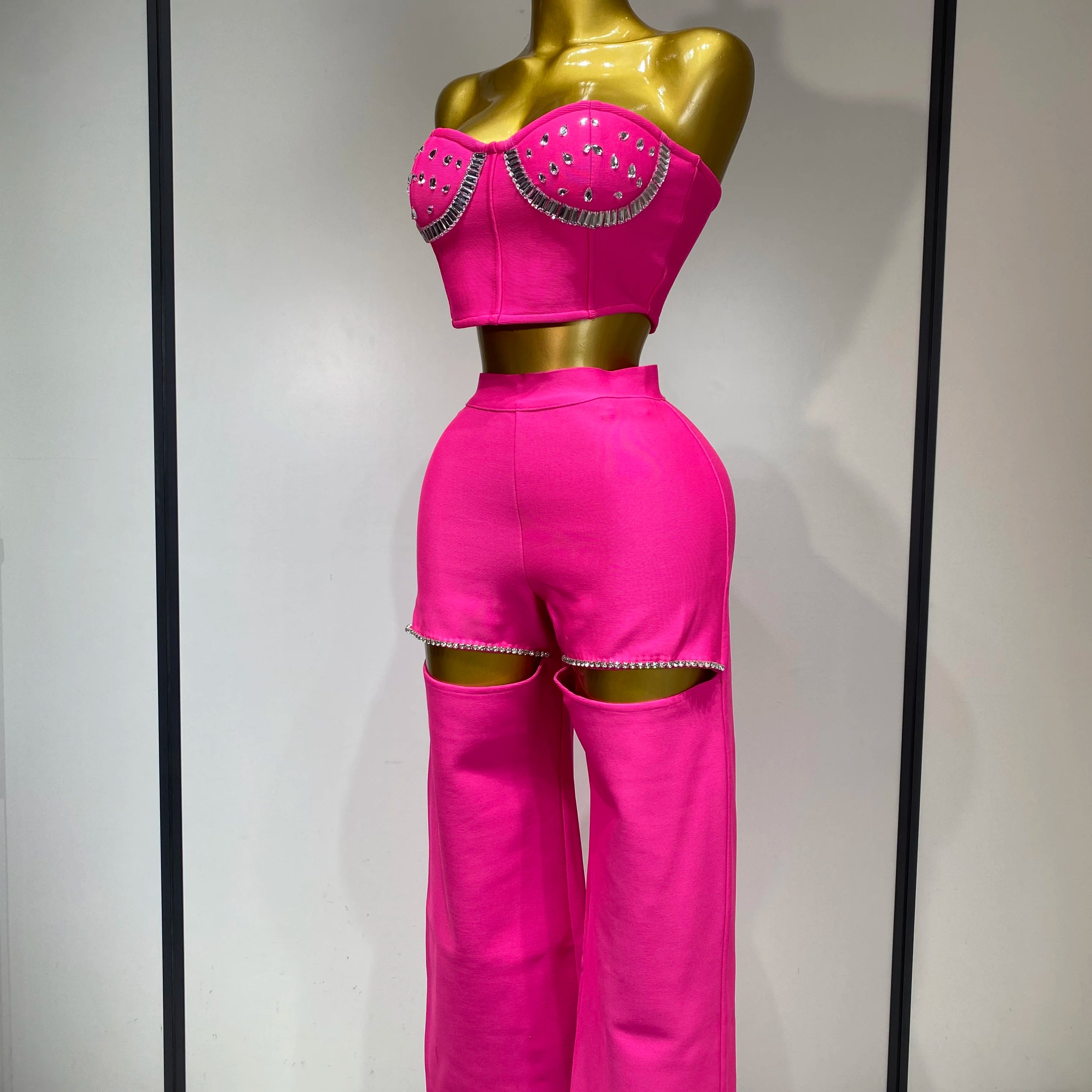 Women Sexy Strapless Top Cut Out Bodycon Two Pieces Bandage Pants Celebrity Designer Fashion Women Luxury Diamond Birthday Set