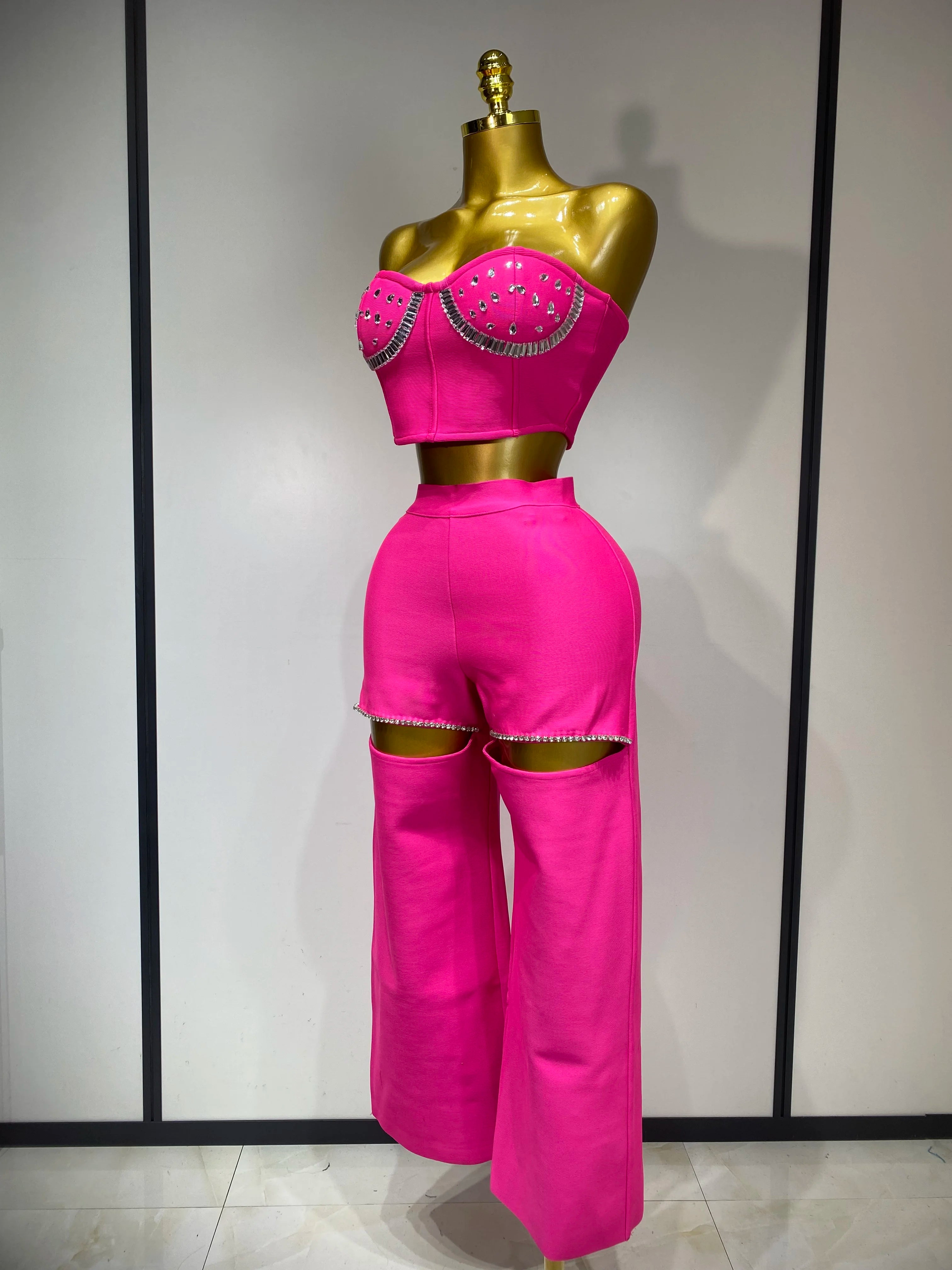 Women Sexy Strapless Top Cut Out Bodycon Two Pieces Bandage Pants Celebrity Designer Fashion Women Luxury Diamond Birthday Set