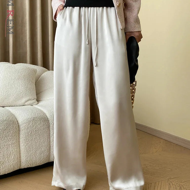 [LANMREM] Stain Drawstring Pants For Women Elastic High Waist Wide Leg Trousers Fashion Clothing Spring New 26D8234