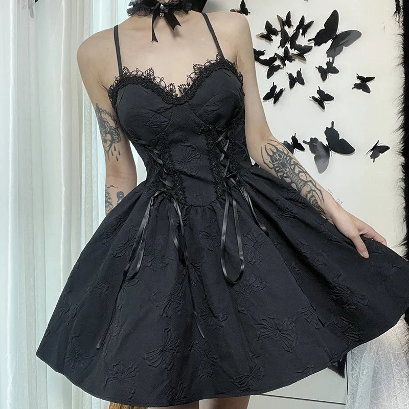 Goth Dark Tie Up Mall Gothic Elegant Women Dresses Grunge Aesthetic Jacquard A-Line Dress Emo Lace Trim Black Party Alt Clothes