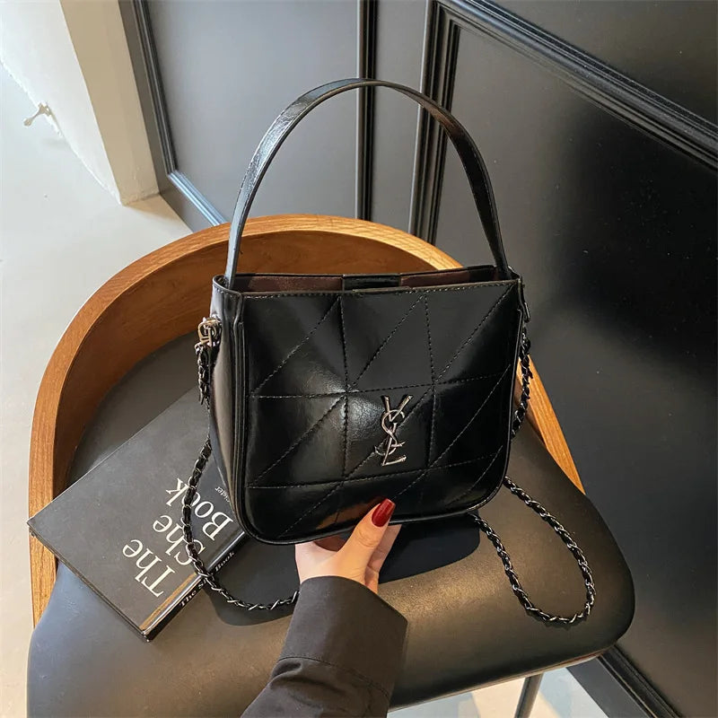 Quilted Leather Crossbody Bag - 90s Vintage Shoulder Purse for Women, Designer Luxury Small Handbag with Chain