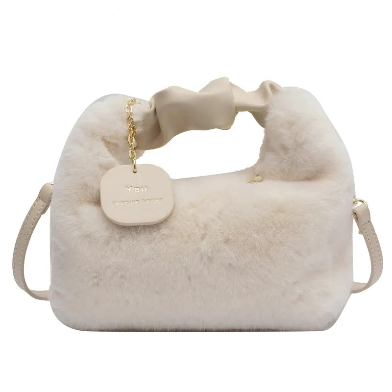 Women Faux Fur Handbags Zipper Small Lady Shoulder Crossbody Bag Casual Tote Half-Moon Hobos Winder A style white