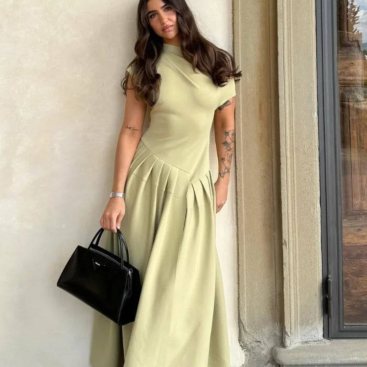 Chic Off Shoulder Irregular Neck Women's Dress Elegant High Waist A-line Hem Pleated Midi Dresses New Summer Lady Commuting Robe
