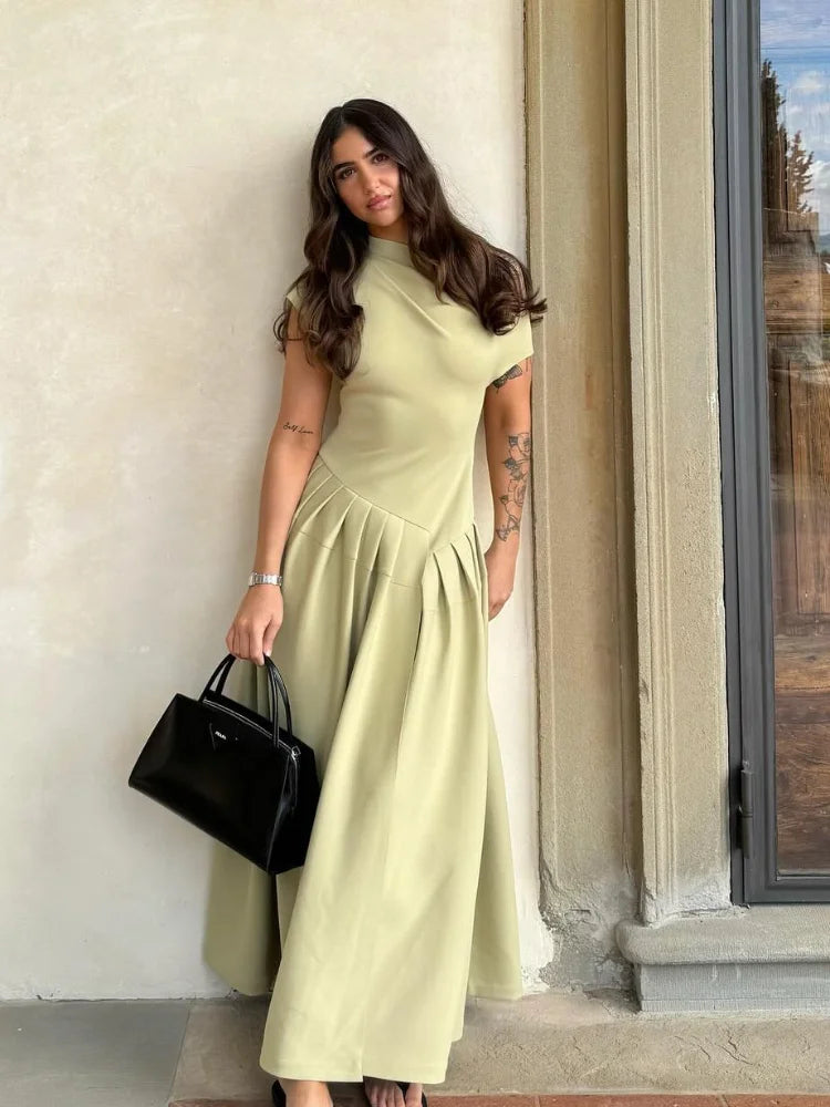Chic Off Shoulder Irregular Neck Women's Dress Elegant High Waist A-line Hem Pleated Midi Dresses New Summer Lady Commuting Robe