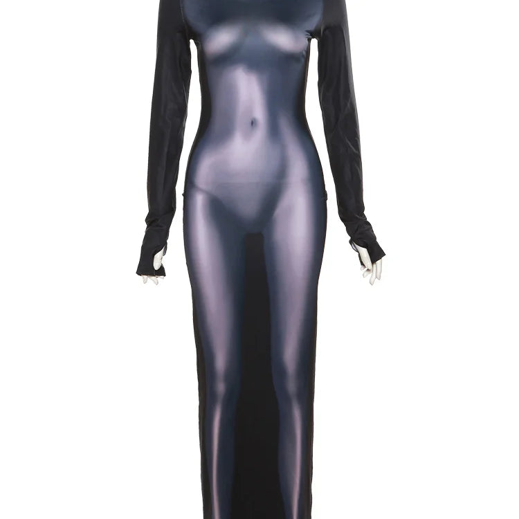 Weird Puss Body Print Maxi Dress Women Sexy Aesthetics Long Sleeve Turtleneck Skinny Bodycon Streetwear Elastic Party Clubwear