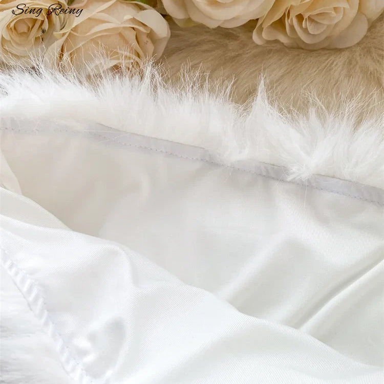 SINGREINY American Hotsweet Sexy Two Pieces Sets Women Strapless Short Tank Top+Bodycon Mini Skirt Fashion Solid Feather Suits