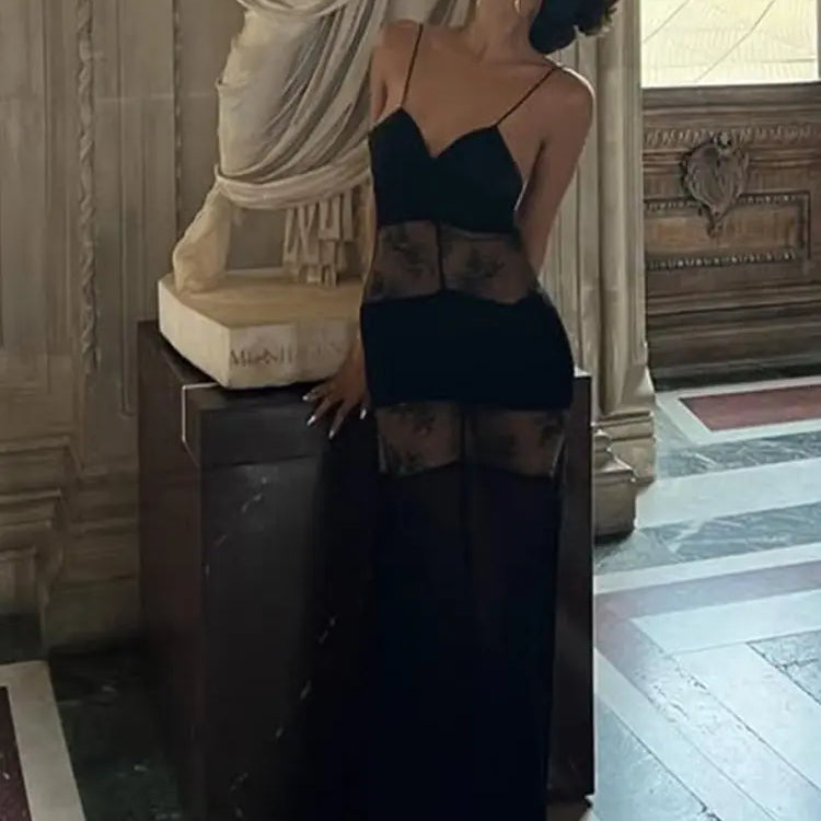 Lace See Through Sling Maxi Dress Women Sexy Slim Black Backless Sleeveless Long Dresses Female Summer Chic Party Evening Robes