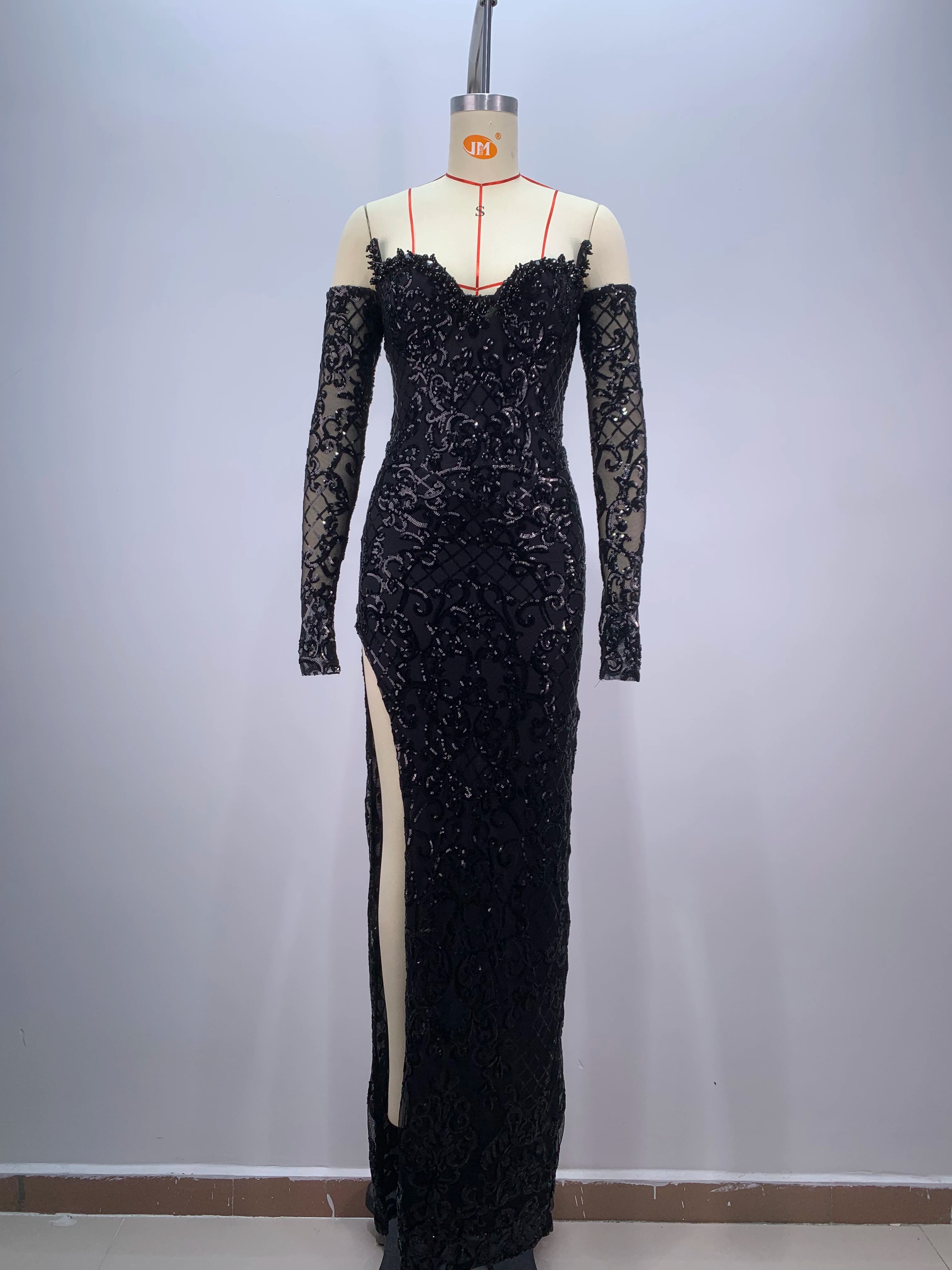 Vestido longo preto feminino, sexy, com lantejoulas brilhantes, fenda alta, justo, luvas, comemoração, festa à noite, baile