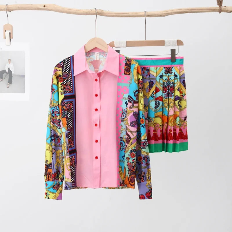 Elegant Print Short Shirt Skirts Sets Women Pink Lantern Long Sleeve Shirts Mini Pleated Female Summer Slim Ladies Suit Pink