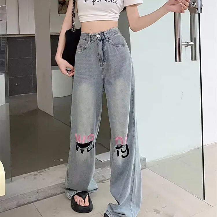 Y2K American Retro Gothic High Waist Perforated Women's Summer New High Street Loose Letter Embroidered Wide Legs