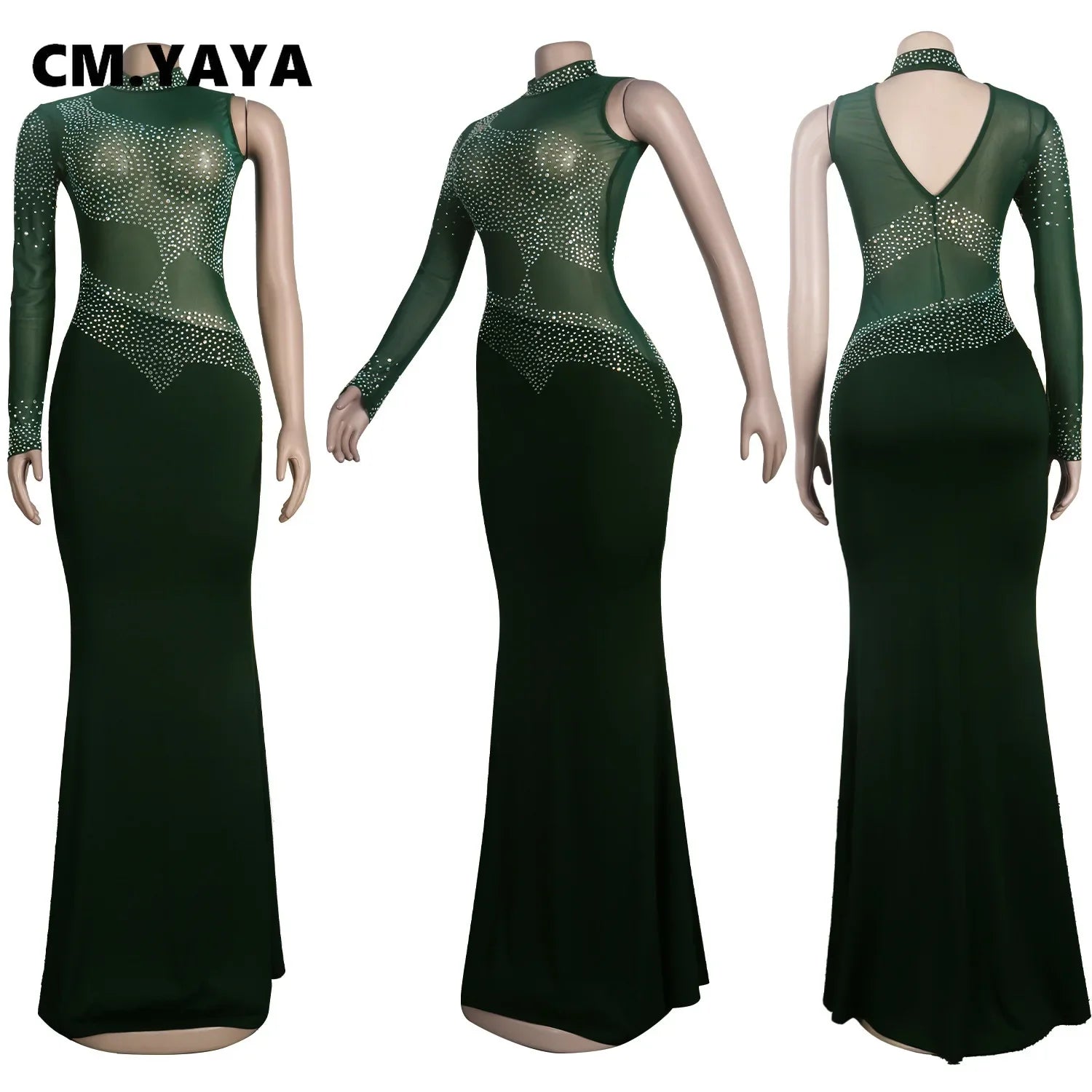 CM.YAYA Women Diamonds Hot Rhinestones Bodycon Midi Maxi Mermaid Dress Elegant Sexy Party Club One Long Sleeve Long Dresses