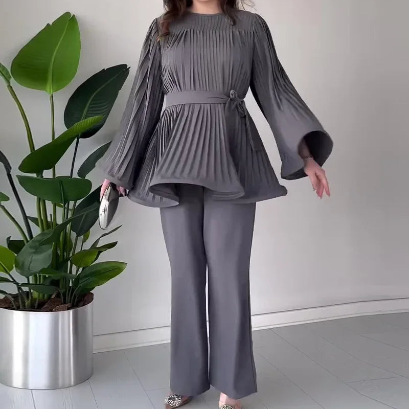 Loose Pleated Top Pants Women Belt Suit Elegant O-neck Long Batwing Sleeve Big Swing Top Wide Leg Pant 2 Piece Sets Outfit grey
